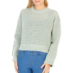Poof Cuddly Sage Green Sweater Cropped Hollow Out Knit Junior Ladies Medium NWT